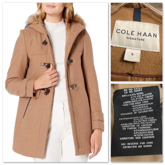 Cole Haan Tan Pea Coat with Hood and Wool Blend Fabric - Picture 5 of 6